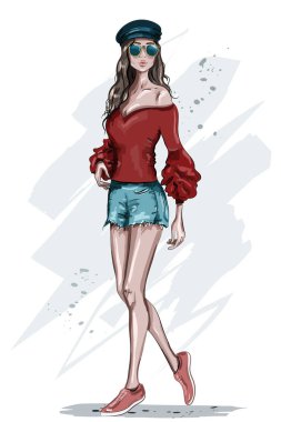 Şapkalı şık genç kadın. El moda model poz çekilmiş. Güneş gözlüklü kız güzel moda. Kroki. Vektör çizim. 
