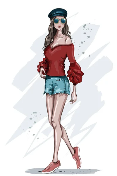 Stylowy Młoda Kobieta Wpr Ręcznie Rysowane Moda Modelu Pozowanie Moda — Wektor stockowy
