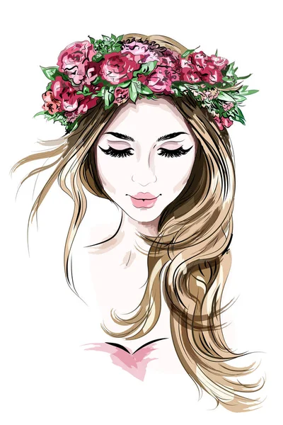 Hermosa Mujer Joven Dibujada Mano Corona Flores Linda Chica Con — Vector de stock