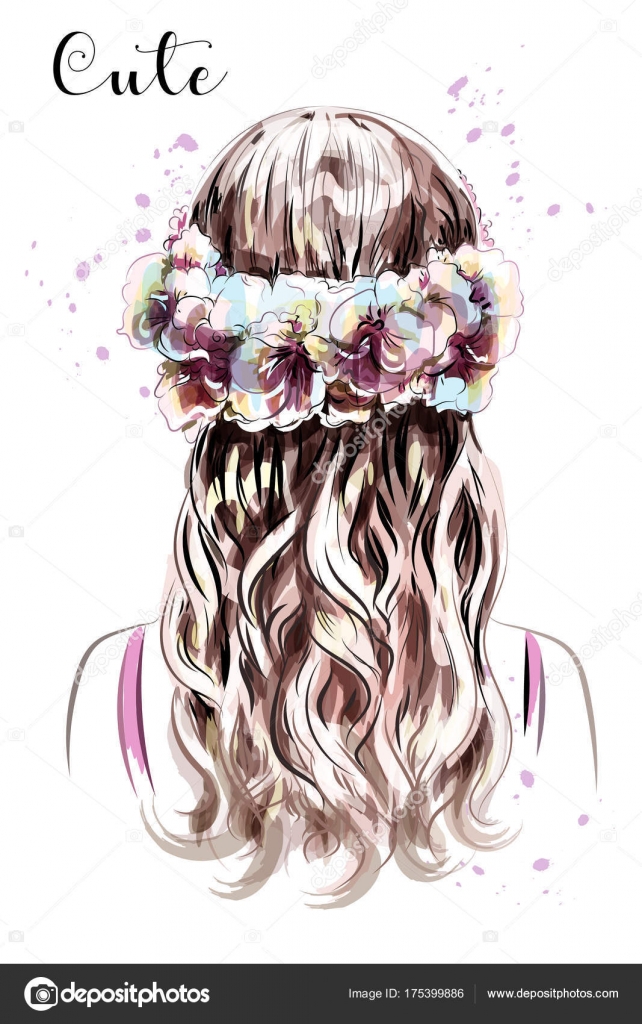 Hand Drawn Long Hair Girl Flower Wreath Brown Hair Cute