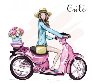 Sevimli pembe scooter ile şapkalı güzel genç kız. Kız scooter çiçek kutusu. Kroki. Vektör çizim. 