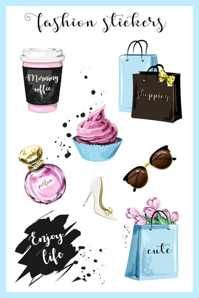 Kahve fincanı, alışveriş torbaları, parfüm, Ayakkabı, güneş gözlüğü, çiçek, cupcake ve sloganı etiket ile moda planlayıcısı kız sopa. Kroki. Kızlar için şirin etiketleri. 