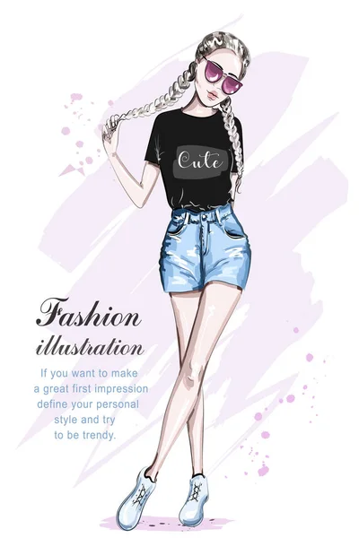 Güzel genç kız şık kırpma top. El çekilmiş moda yaratıcı örgü saç modeli olan kadın. Sevimli kız moda giysileri. Kroki. Vektör çizim. 