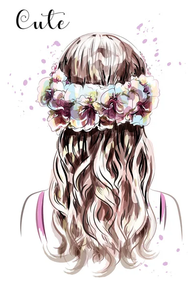 手绘长发女孩在花花圈 棕色头发可爱的卷曲的发型 矢量插图 — 图库矢量图片