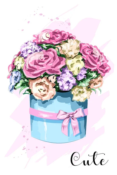 Cute Hand Drawn Flower Box Beautiful Flower Bouquet Stylish Box — Stock Vector