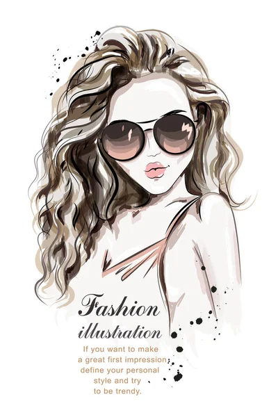 Beautiful Young Woman Long Hair Stylish Hand Drawn Girl Sunglasses — Stock Vector