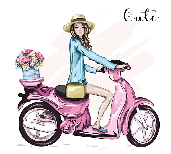Sevimli pembe scooter ile şapkalı güzel genç kız. Kız scooter çiçek kutusu. Kroki. Vektör çizim. 