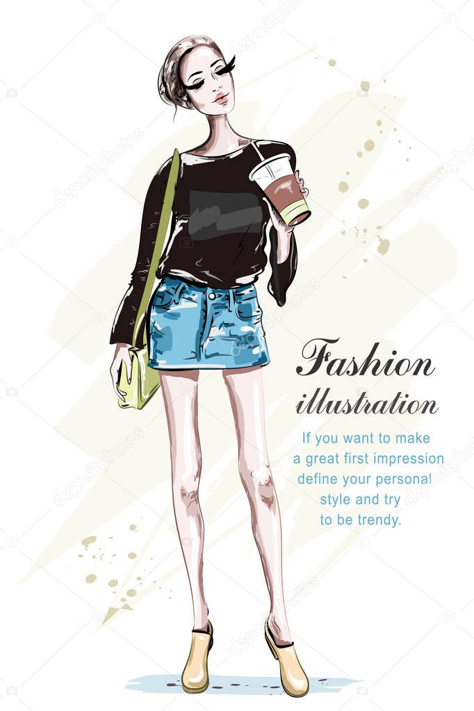 Beautiful young woman with coffee cup. Hand drawn fashion lady with bag. Stylish girl in fashion clothes. Sketch. Vector illustration. 