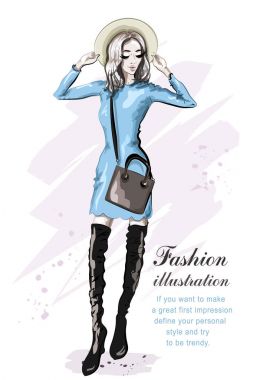 El şapkalı çizilmiş şirin kız. İçinde şık güzel genç kadın. Bir modeldir. Kroki. Vektör çizim. 