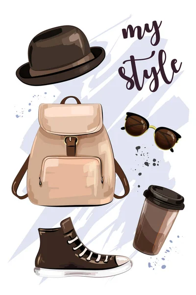 Stilvolles Outfit Handgezeichnetes Set Mit Hut Tasche Schuh Sonnenbrille Und — Stockvektor