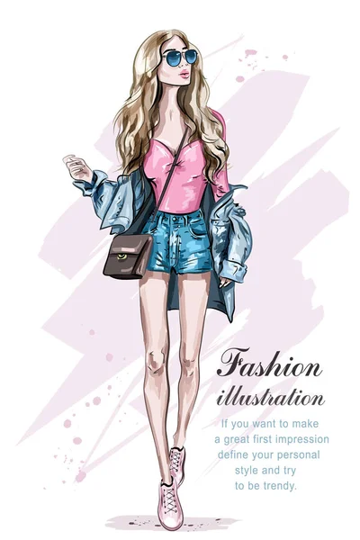 Beautiful Young Blonde Hair Woman Bag Hand Drawn Fashion Girl — Stock Vector