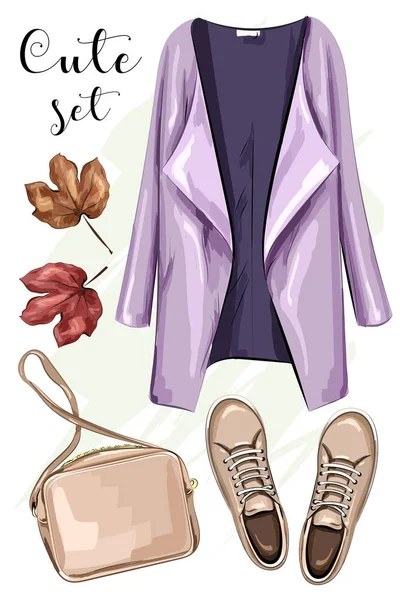 Handgezeichnetes Modekleidungsset Mantel Tasche Schuhe Stylisches Outfit Skizze Vektorillustration — Stockvektor