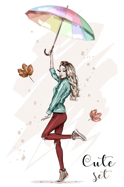 カラフルな傘と美しい若い女性 スタイリッシュな手のファッションの服に描かれた女の子 ファッションの女性 スケッチ ベクトル図 — ストックベクタ
