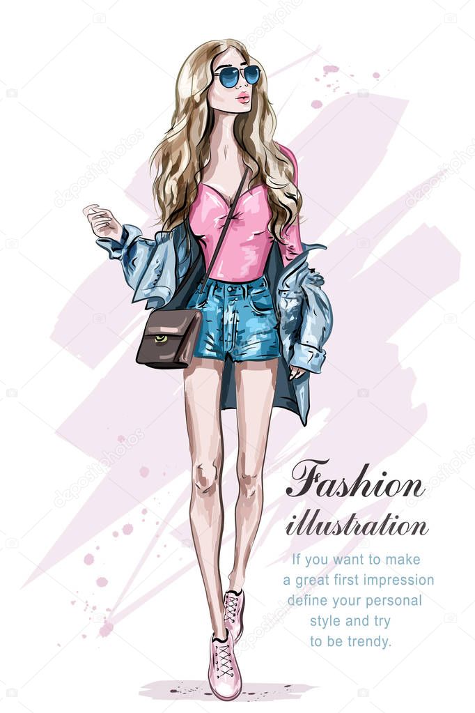 Beautiful young blonde hair woman with bag. Hand drawn fashion girl. Fashion model posing. Sketch. Vector illustration. 