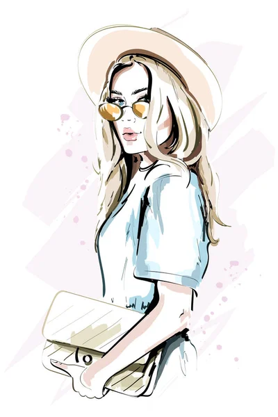 Hermosa Joven Con Sombrero Señora Moda Gafas Sol Retrato Mujer — Vector de stock