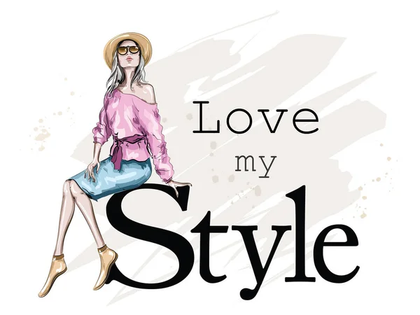 Beautiful Young Woman Hat Fashion Girl Sitting Stylish Woman Sunglasses — Stock Vector