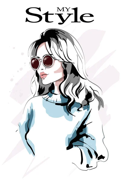 Schöne Junge Blonde Haare Frauenporträt Modefrau Handgezeichnetes Modemädchen Mit Sonnenbrille — Stockvektor