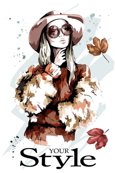 Fashion Lady Hat Beautiful Young Woman Portrait Stylish Woman Sunglasses — Stock Vector