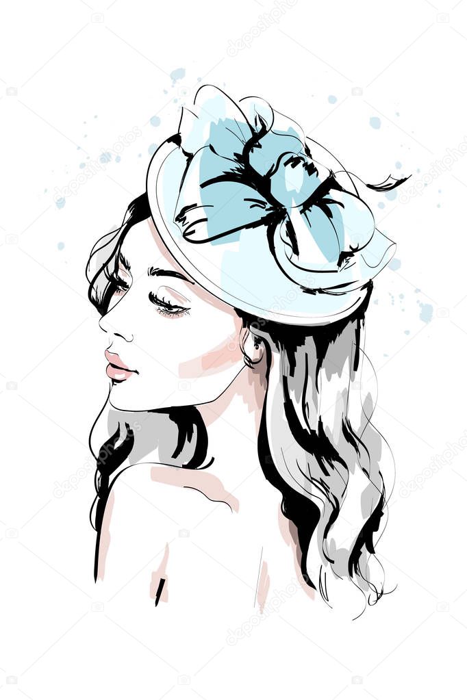 Beautiful young woman in hat. Hand drawn fashion woman portrait. Fashion model face. Sketch. 