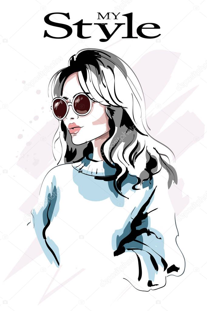 Beautiful young blond hair woman portrait. Fashion woman. Hand drawn fashion girl in sunglasses. Sketch. 