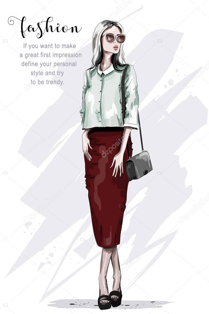 Stylish woman in red skirt. Fashion woman. Hand drawn beautiful young lady in sunglasses. Sketch. Vector illustration. 