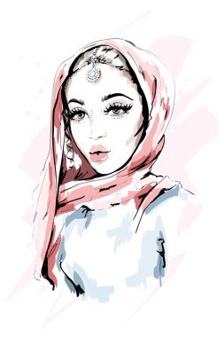 Güzel Müslüman kadın Türban takıyor. Moda kadın portre. Şık Bayan. Kroki. Vektör çizim. 