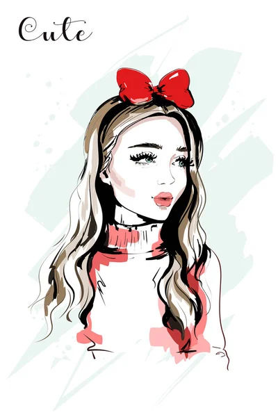 Retrato Mujer Joven Dibujado Mano Mujer Moda Con Lazo Rojo — Vector de stock