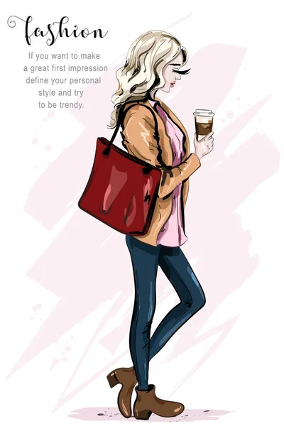 Belle Jeune Femme Avec Paper Coffee Cup Mockup Femme Aux — Image vectorielle