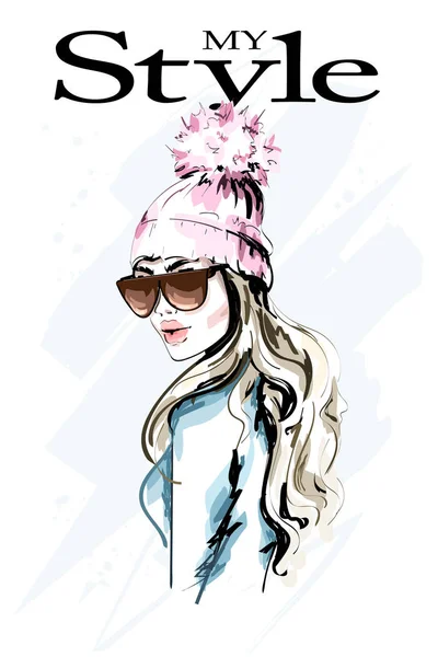 毛皮ポムポムとニット帽子ファッション女性を描いた スタイリッシュな美しい若い女性の肖像画 冬服のかわいい女の子 スケッチ — ストックベクタ