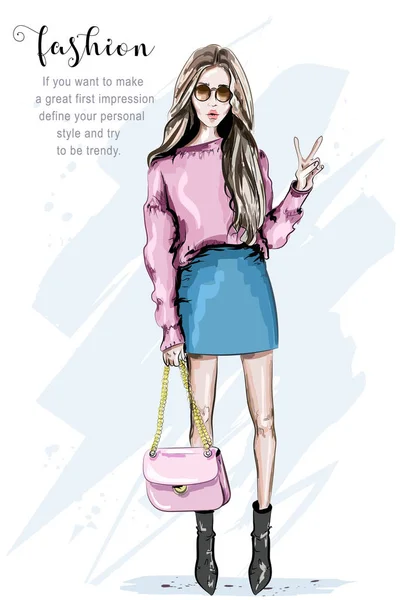 手描きファッション女性サングラス バッグとスタイリッシュな美しい若い女性 スケッチ ベクトル図 — ストックベクタ