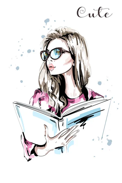 Hand Drawn Beautiful Woman Book Fashion Woman Eyeglasses Stylish Blond — Stock Vector