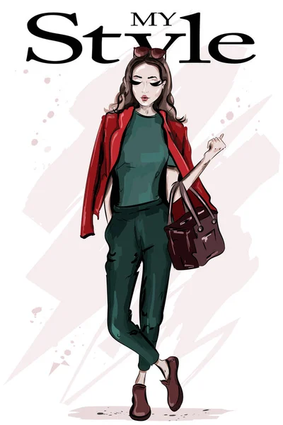 Hand Drawn Fashion Woman Bag Stylish Beautiful Young Woman Sunglasses — Stock Vector
