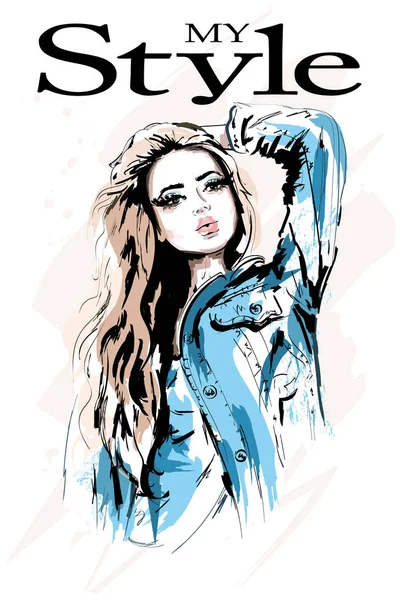 Portrait Femme Dessiné Main Femme Élégante Veste Jeans Fashion Girl — Image vectorielle