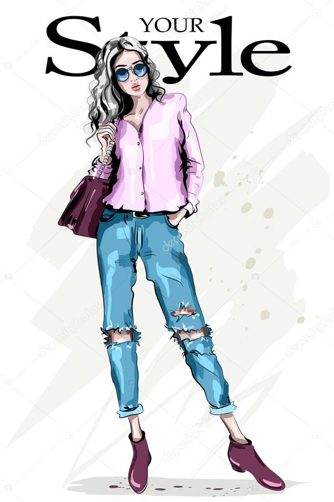 Hand drawn fashion woman in sunglasses. Full body woman portrait. Stylish beautiful model posing. Fashion girl. Sketch. Vector illustration. 