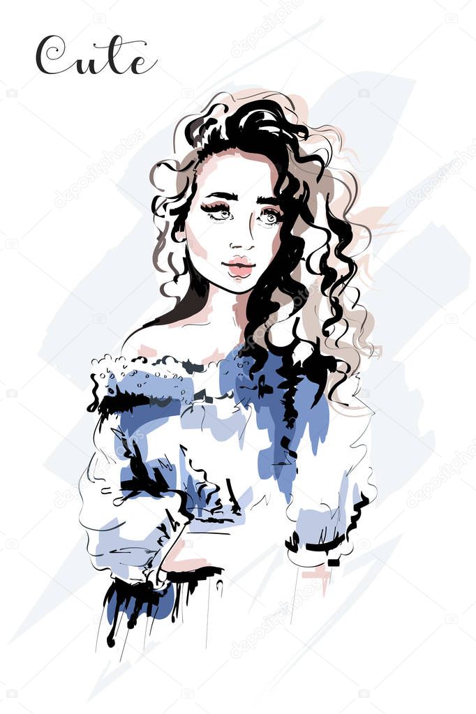 Hand drawn beautiful young woman portrait. Fashion woman with curly hair. Sketch. 