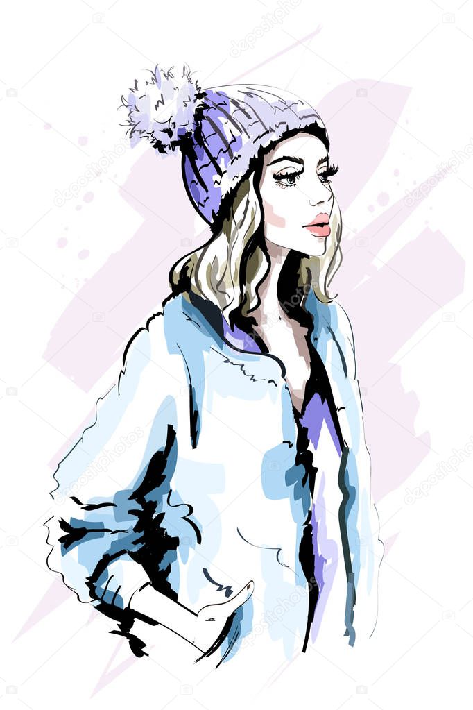 Beautiful young woman in knitted Hat with Fur Pom-Pom. Hand drawn stylish woman portrait. Fashion lady. Winter outfit. Sketch. 