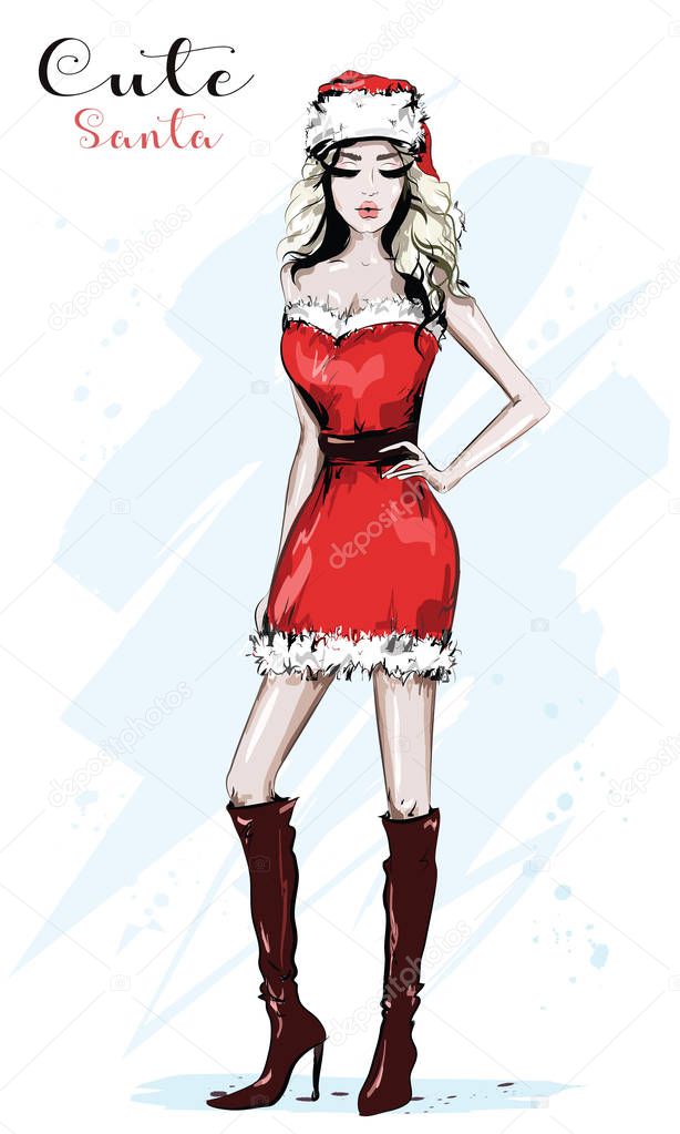 Hand drawn beautiful santa woman. Stylish woman in santa red hat and red dress. Fashion lady. Sketch. Vector illustration. 