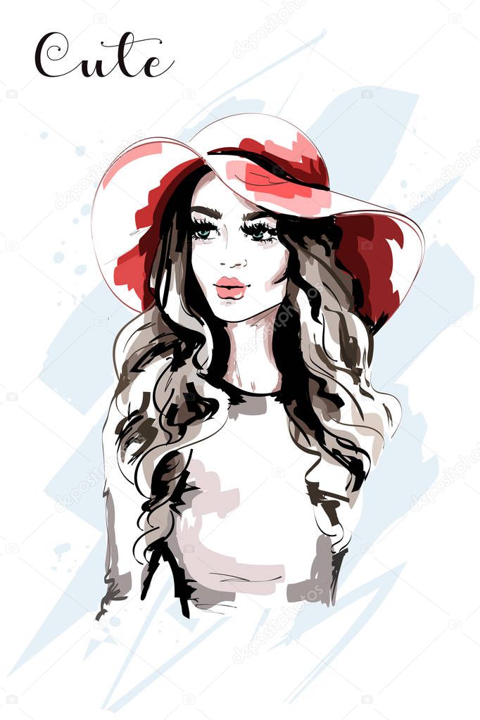 Hand drawn beautiful woman in red hat. Fashion lady. Stylish young woman portrait. Sketch. 