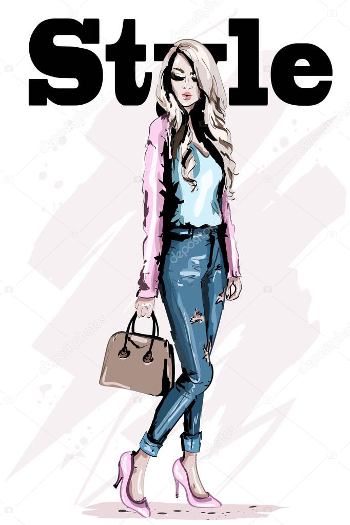 Fashion model posing. Stylish beautiful young woman with bag. Hand drawn blond hair woman. Sketch. Vector illustration. 