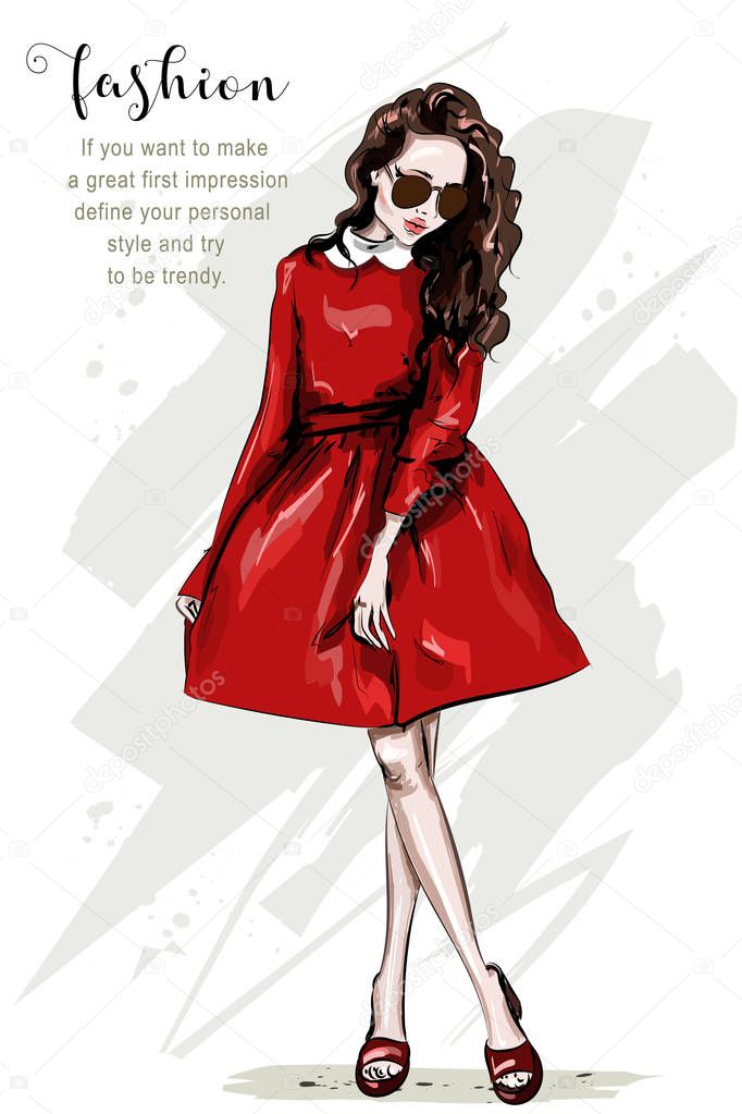 Hand drawn beautiful woman in red dress. Fashion woman full body portrait. Stylish girl in sunglasses. Sketch. 