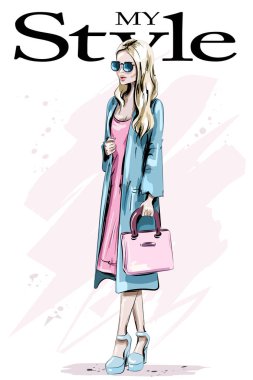 Moda model poz. Güzel sarışın kadın çantası. Şık kadın ceket. Kroki. Vektör çizim. 