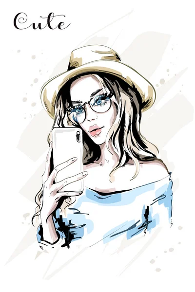 手描き美しい若い女性 Selfie を作るします 携帯電話をファッションの女性 スタイリッシュなかわいい女の子 スケッチ — ストックベクタ