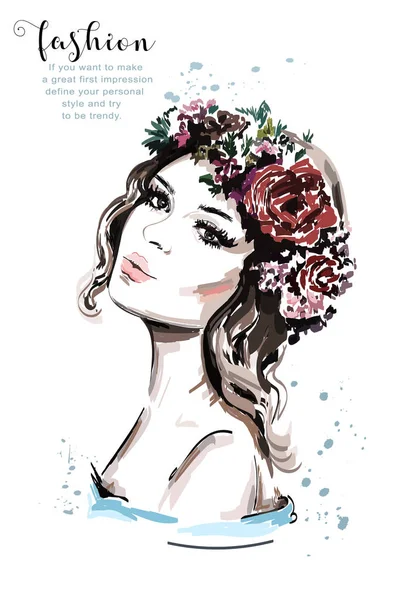 リアルな女性の肖像画 手描き髪花の花輪と美しい若い女性です かわいいファッションの女の子 スケッチ — ストックベクタ