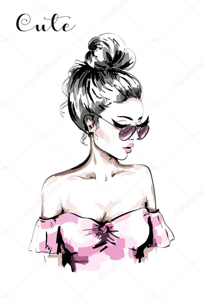 Hand drawn beautiful young woman portrait. Fashion woman in sunglasses. Cute blond hair girl with stylish hairstyle. Sketch. 