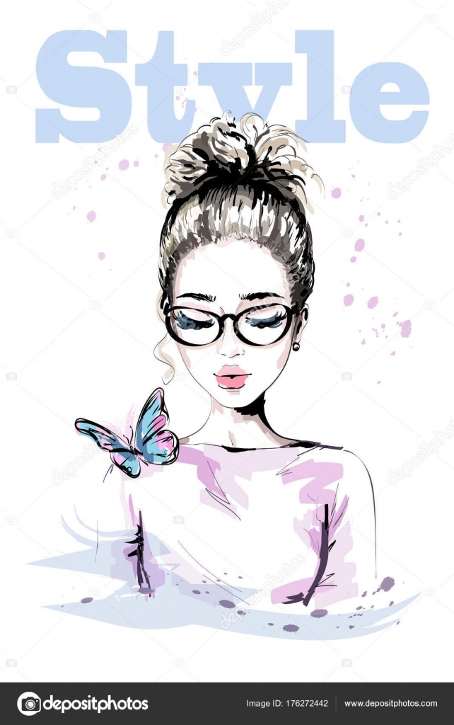 Hand Drawn Beautiful Young Woman Colorful Butterfly Fashion
