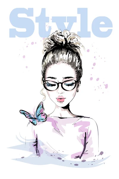 Hermosa Mujer Joven Dibujada Mano Con Mariposa Colorida Mujer Moda — Vector de stock