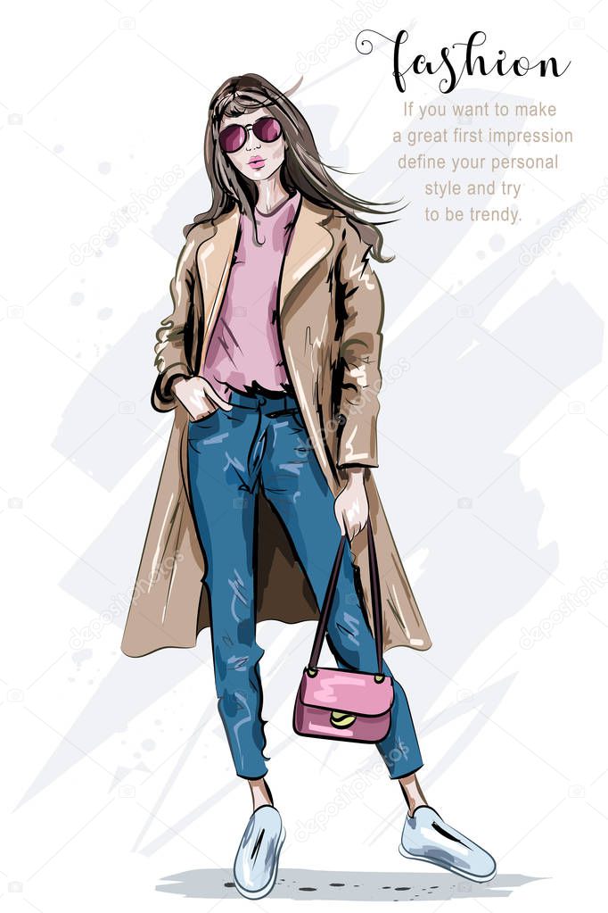 Fashion model posing. Beautiful young woman in coat. Fashion woman with bag. Hand drawn girl in sunglasses. Sketch. Vector illustration. 