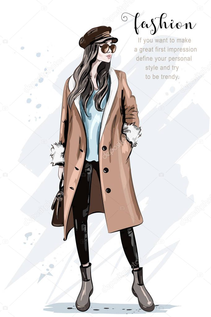 Fashion model posing. Stylish beautiful woman in coat and cap. Hand drawn fashion woman. Sketch. Vector illustration.