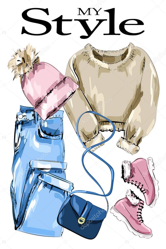 Stylish clothes outfit. Fashion clothing set: knitted sweater, knitted hat, bag, shoes and jeans. Sketch. Vector illustration. 