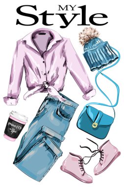 Çizilmiş seti el: gömlek, Ayakkabı, şık kıyafet örgü şapka, kot pantolon, çanta ve kahve Kupası. Moda giysiler. Kroki. 